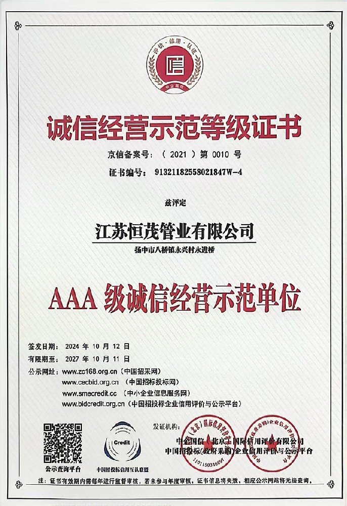 诚信经营示范等级证书